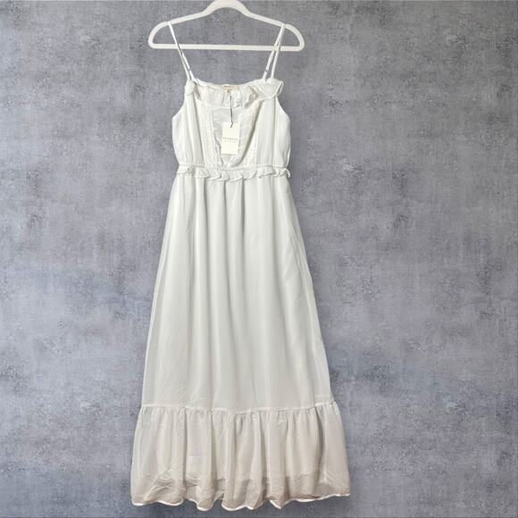 New Promesa Chiffon‎ Maxi White Ruffle Bodice Adjustable Straps Dress Medium - Picture 1 of 13